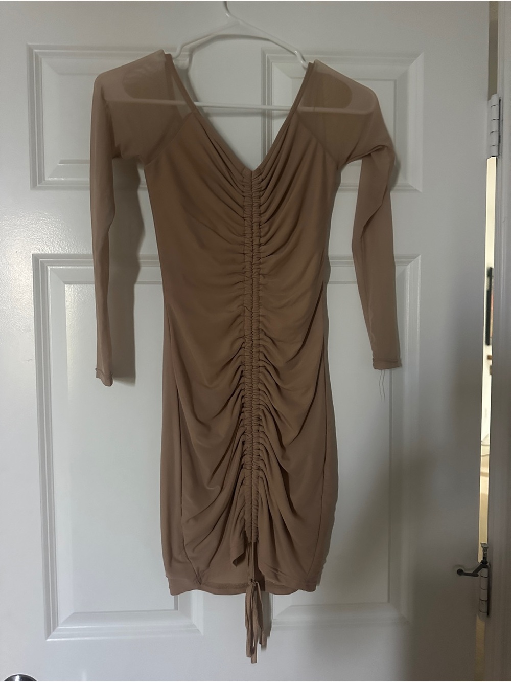Ruched Long-Sleeve V-Neck Dress in Taupe